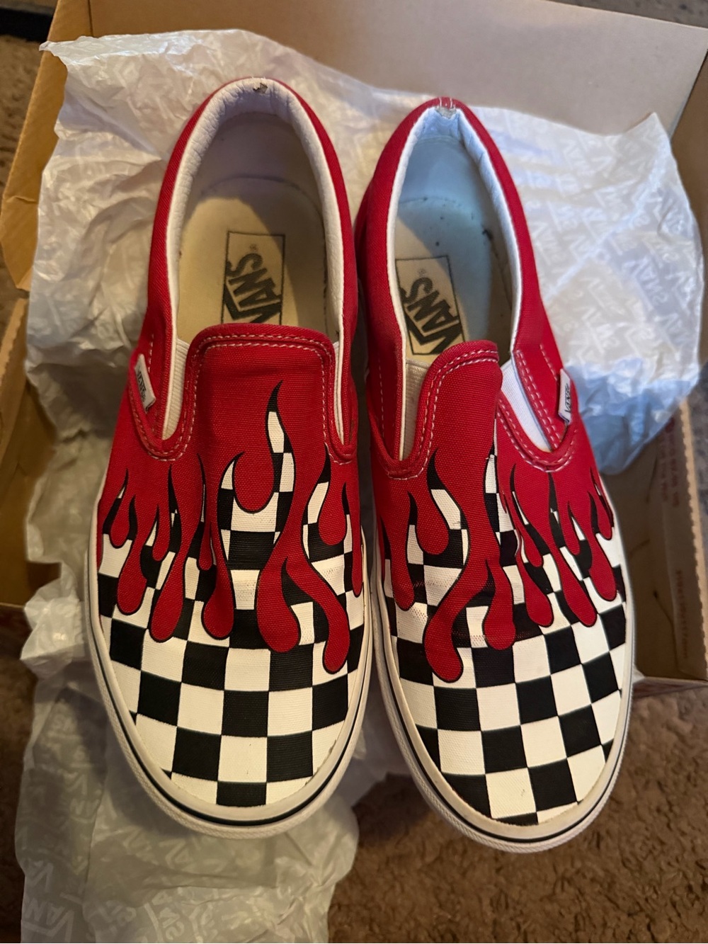 Vans  Slip-On Checkerboard Flame Sneakers - Red/Black/White
